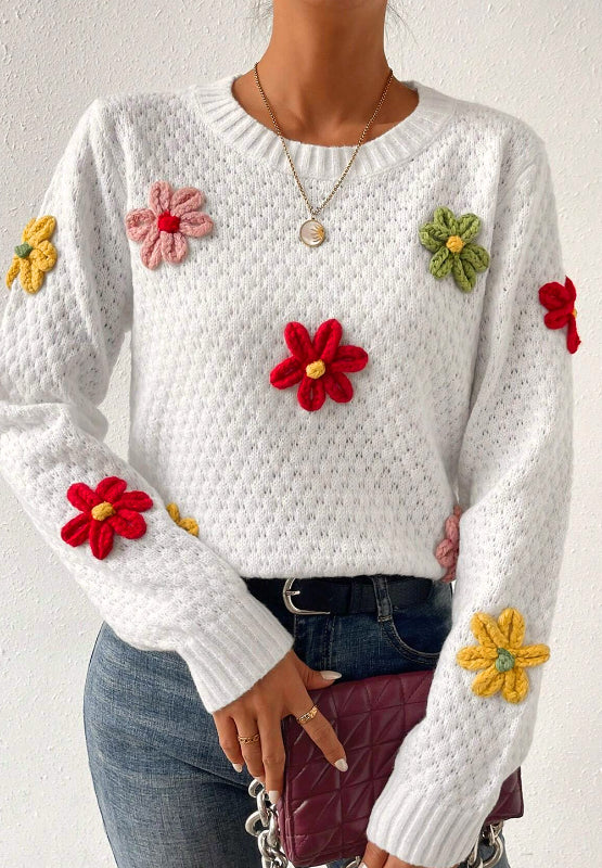 Crochet Flower Round Neck Long Sleeve Sweater-Angel Casuals