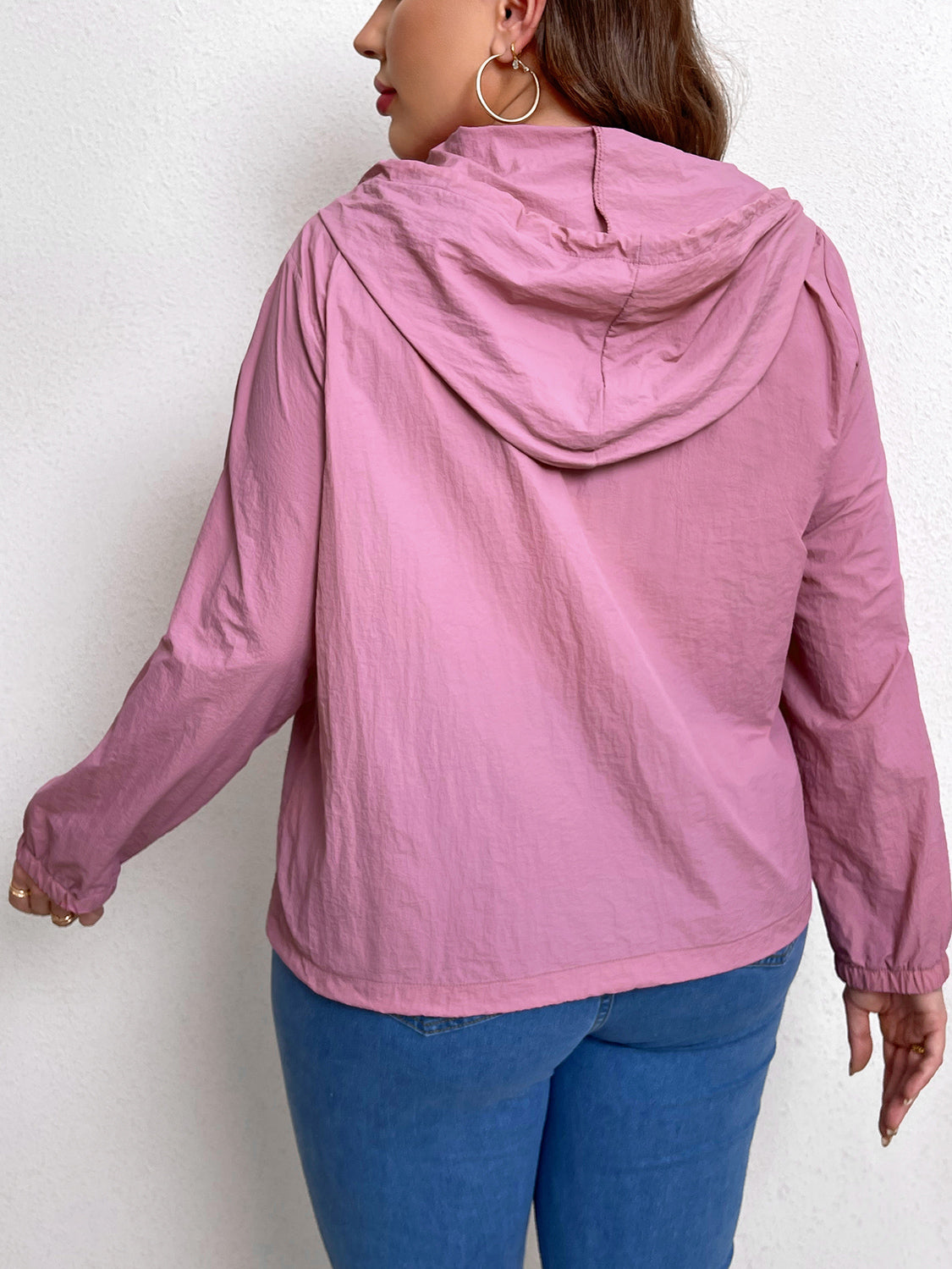 Plus Size Zip-Up Drawstring Hooded Jacket with Pockets-Angel Casuals