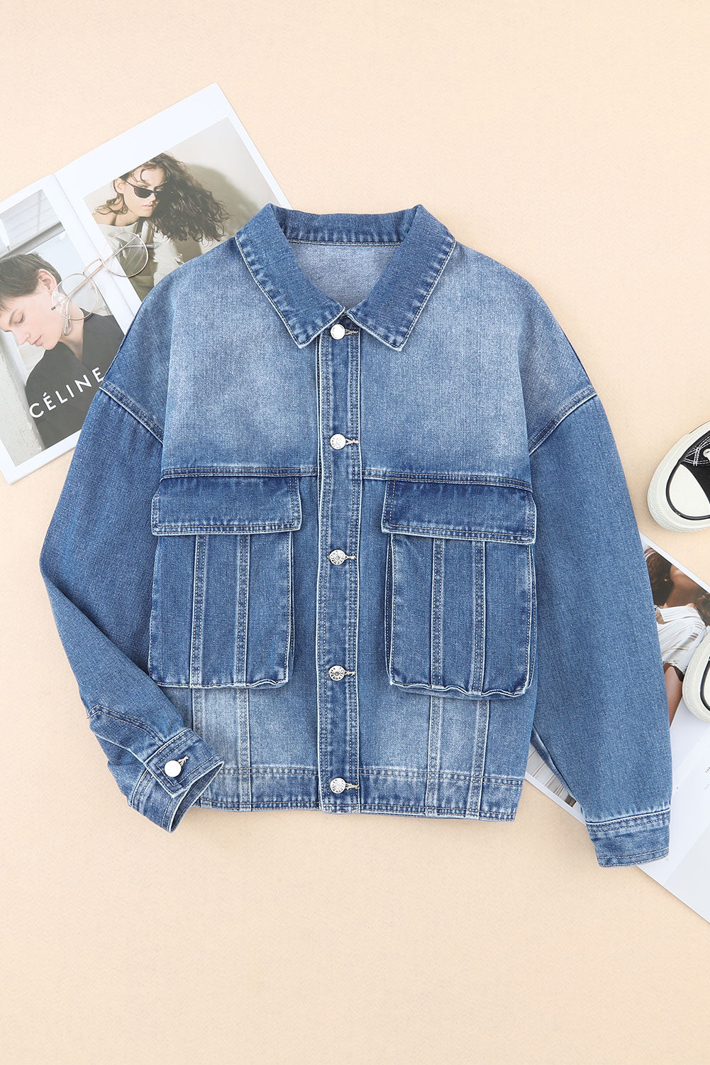 Collared Neck Button Up Denim Jacket-Angel Casuals