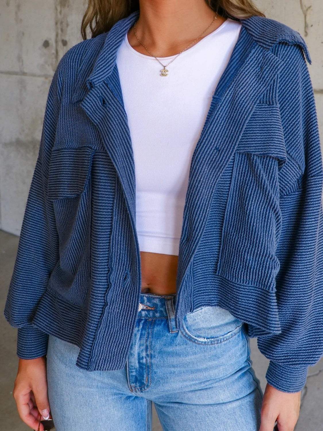 Ribbed Collared Neck Button Up Jacket-Angel Casuals