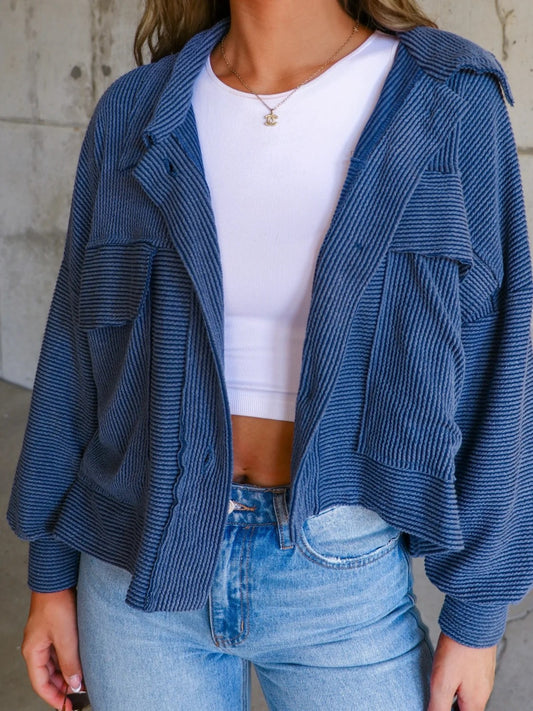 Ribbed Collared Neck Button Up Jacket-Angel Casuals