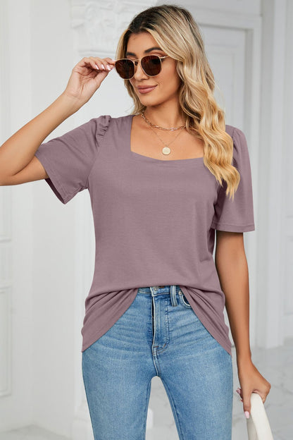 Square Neck Puff Sleeve T-Shirt-Angel Casuals