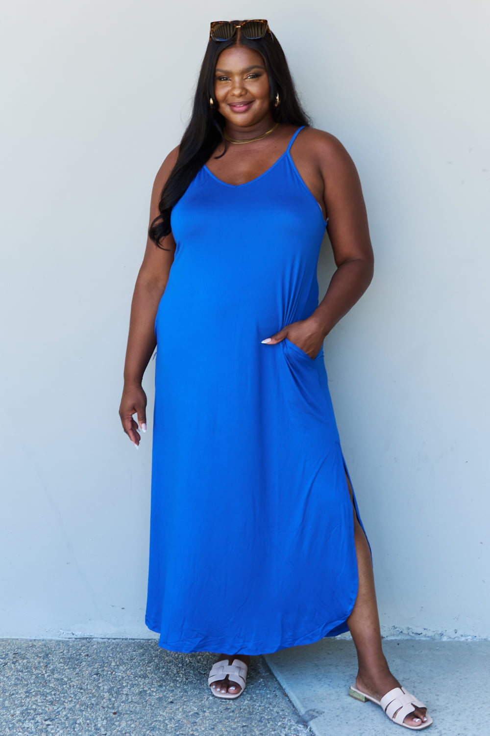 Ninexis Good Energy Full Size Cami Side Slit Maxi Dress in Royal Blue-Angel Casuals