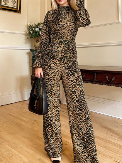 Leopard Flounce Sleeve Wide Leg Jumpsuit-Angel Casuals