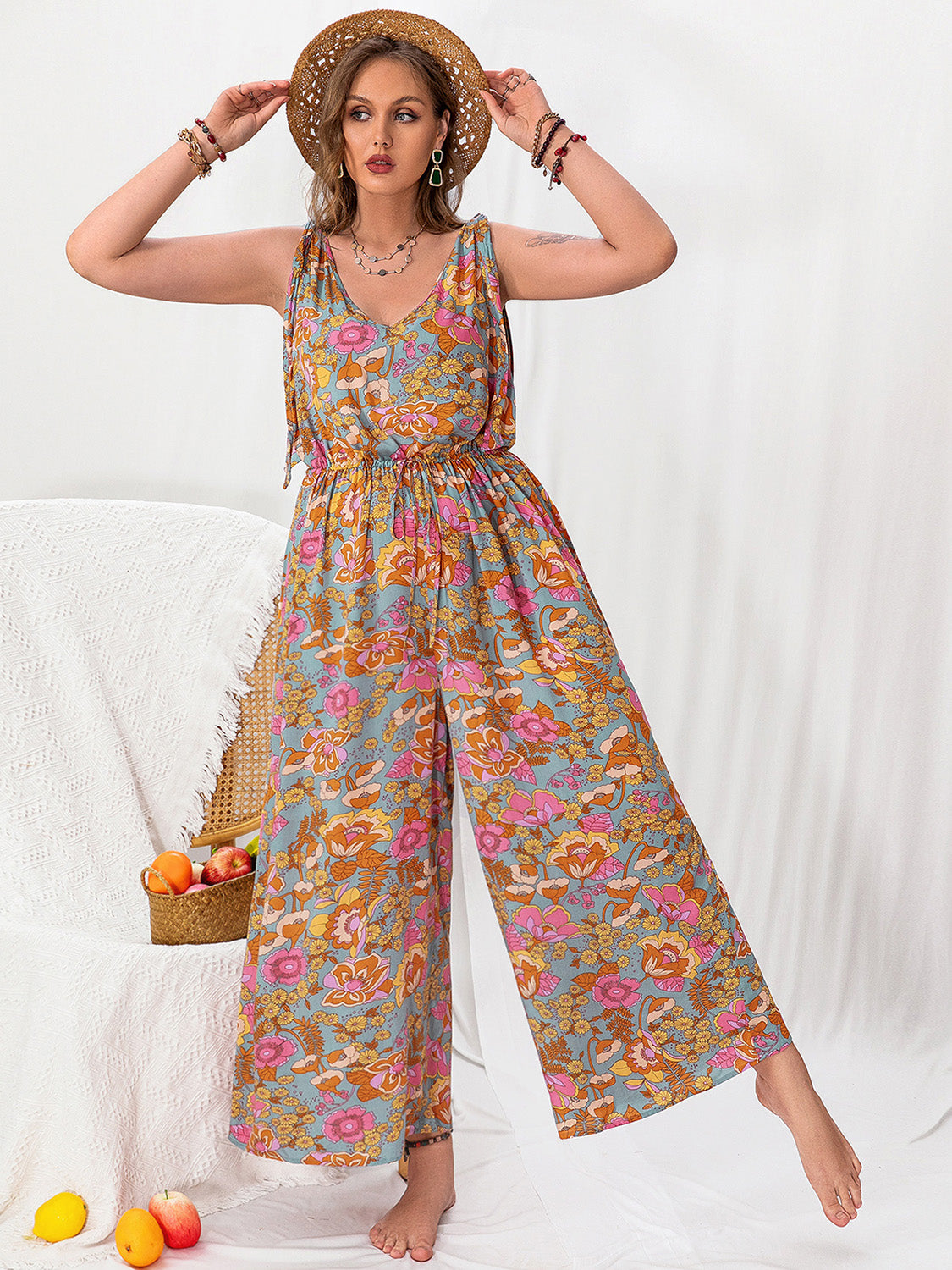 Plus Size Printed Wide Leg Sleeveless Jumpsuit-Angel Casuals