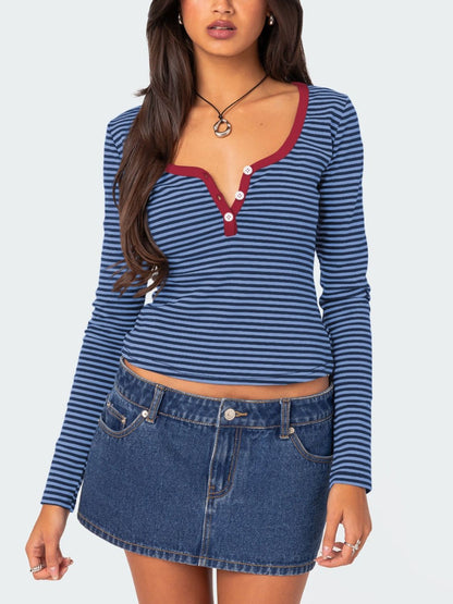 Buttoned Striped Long Sleeve T-Shirt-Angel Casuals