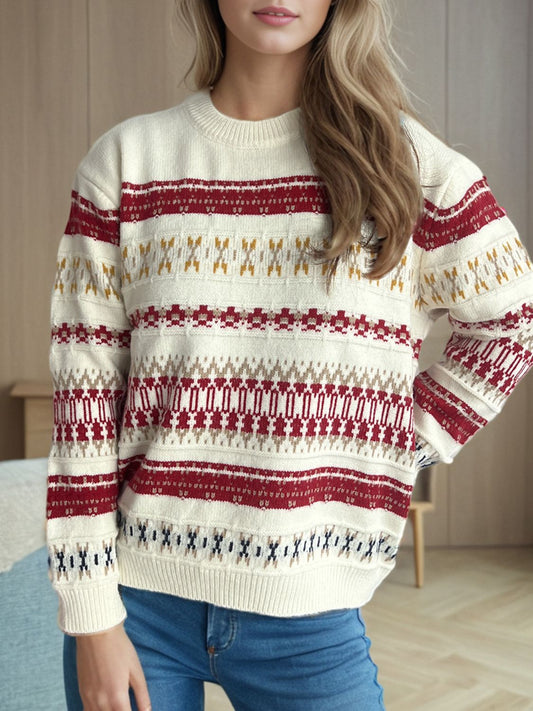 Geometric Round Neck Long Sleeve Sweater-Angel Casuals