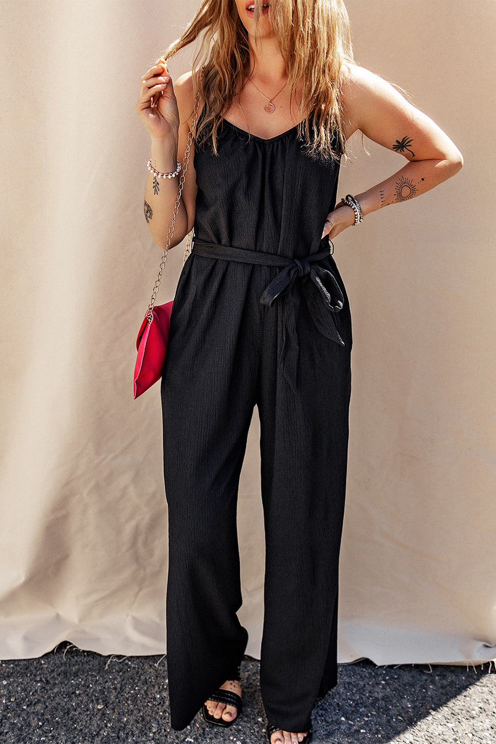 Tied V-Neck Spaghetti Strap Jumpsuit-Angel Casuals