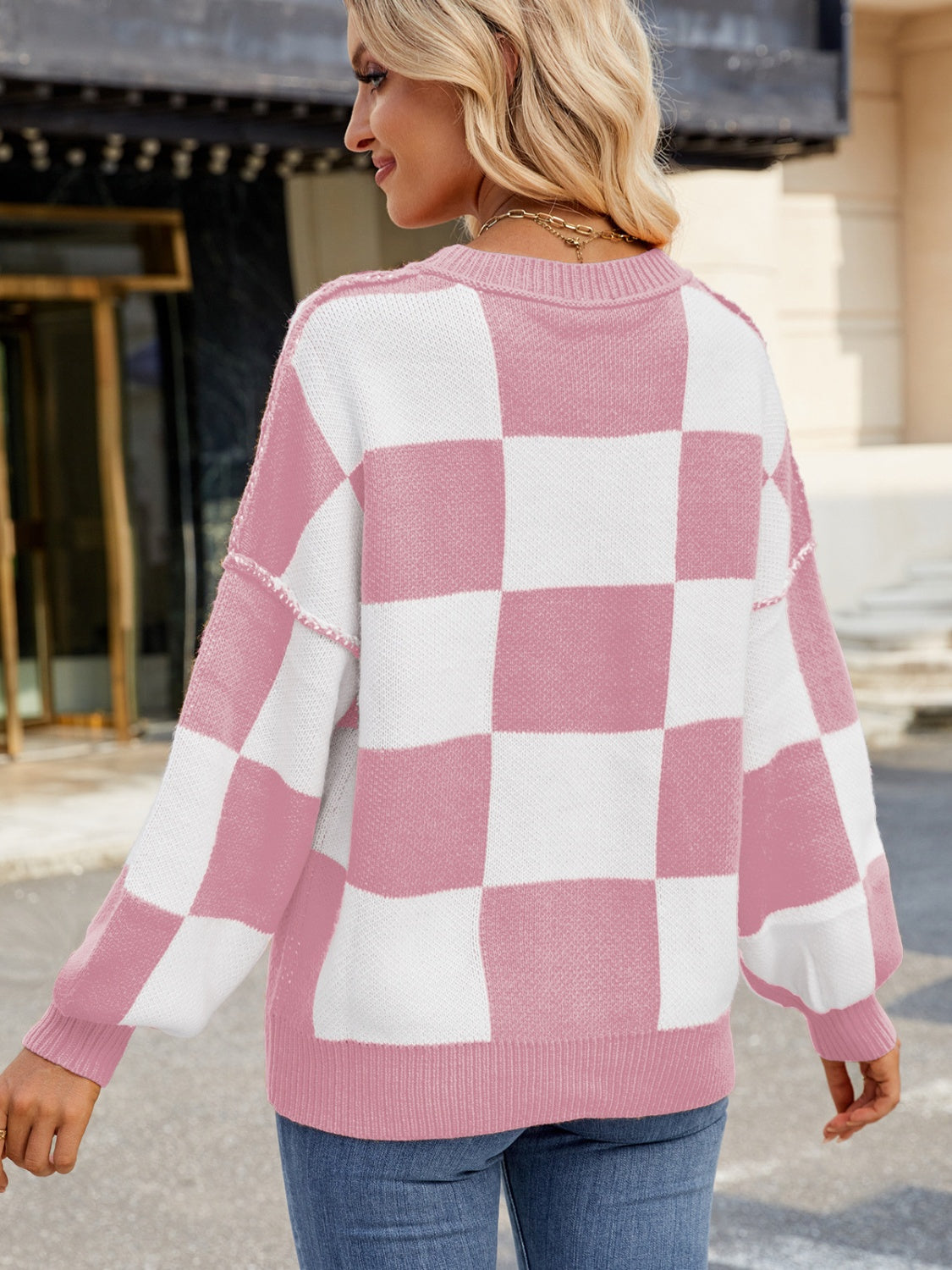 Checkered Round Neck Long Sleeve Sweater-Angel Casuals