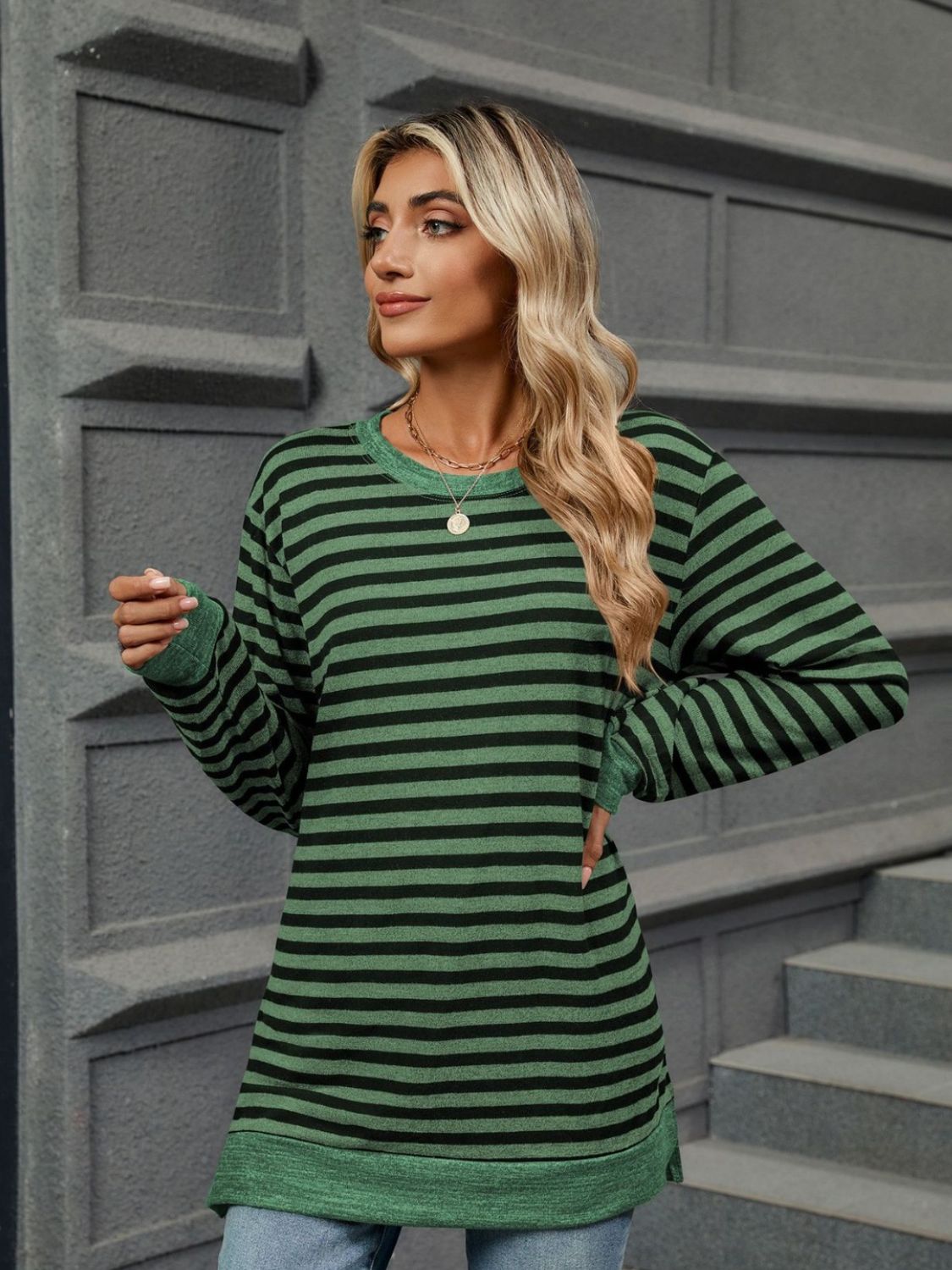 Striped Round Neck Long Sleeve T-Shirt-Angel Casuals
