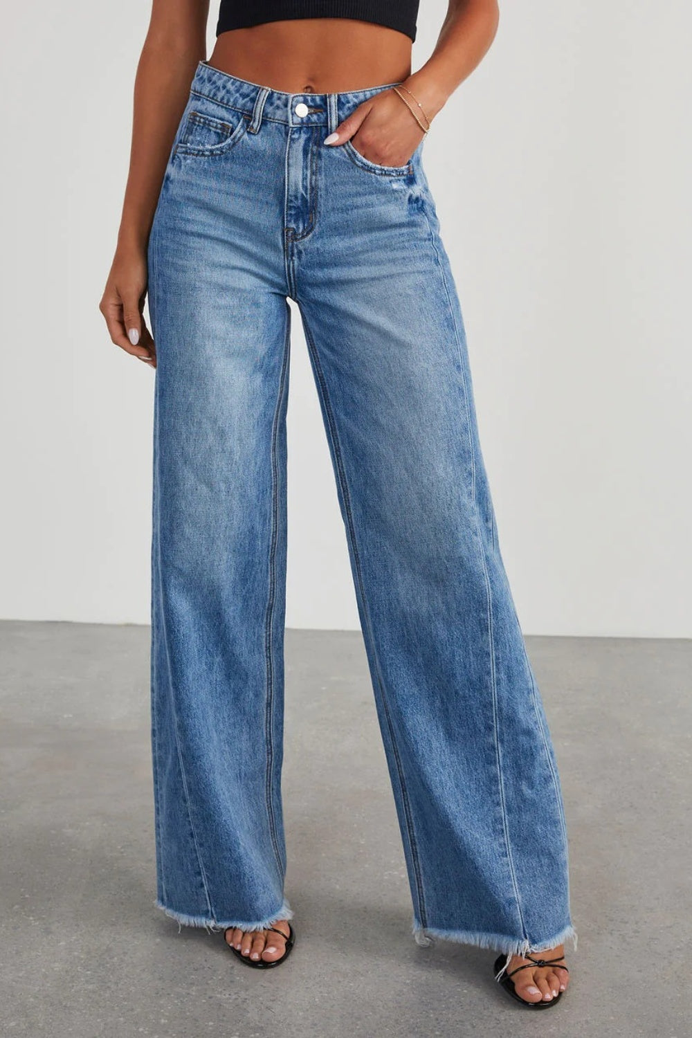 Raw Hem Wide Leg Jeans with Pockets-Angel Casuals