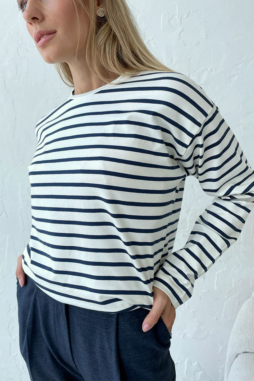 Round Neck Striped Dropped Shoulder T-Shirt-Angel Casuals