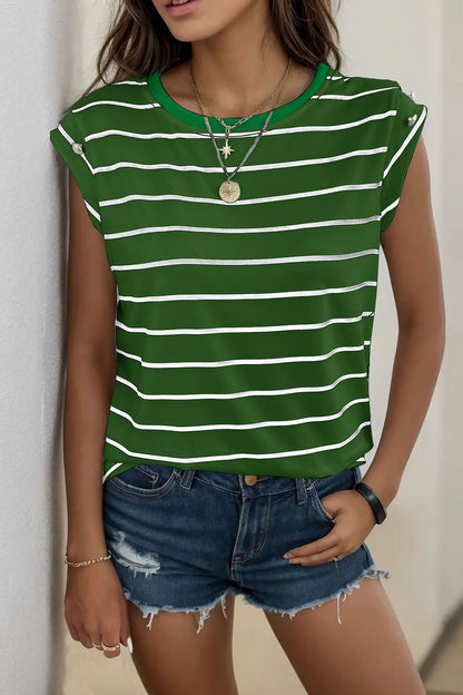Decorative Button Round Neck T-Shirt-Angel Casuals