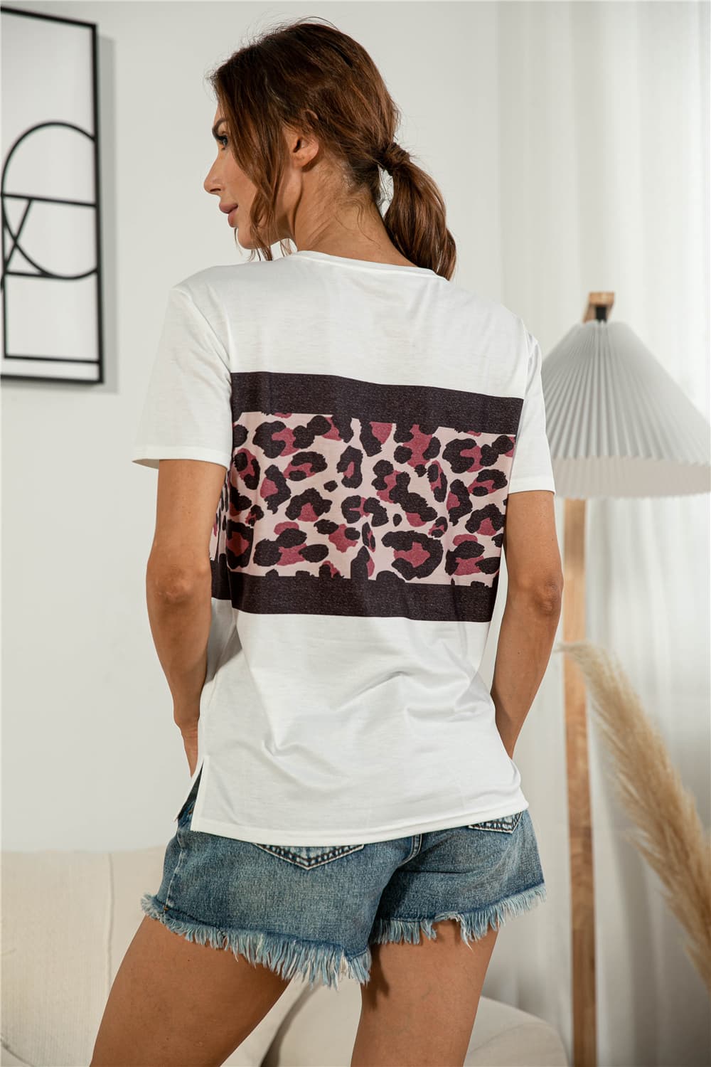 Leopard Color Block Side Slit Tee-Angel Casuals