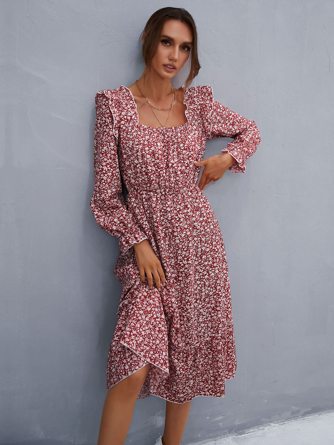 Ruffled Ditsy Floral Flounce Sleeve Dress-Angel Casuals