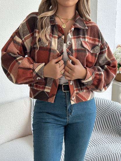 Plaid Button Up Long Sleeve Jacket-Angel Casuals