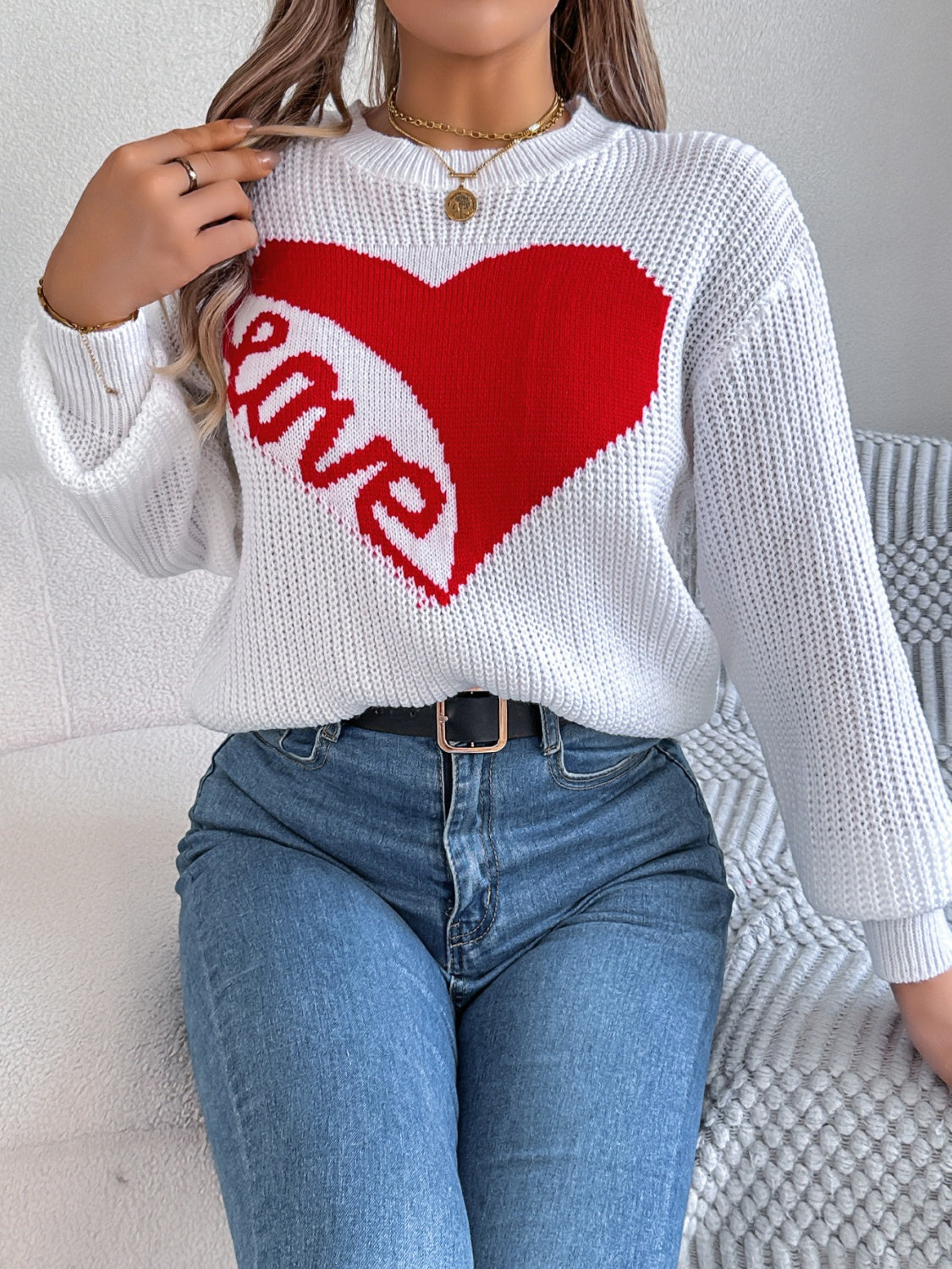 LOVE Heart Round Neck Dropped Shoulder Sweater-Angel Casuals