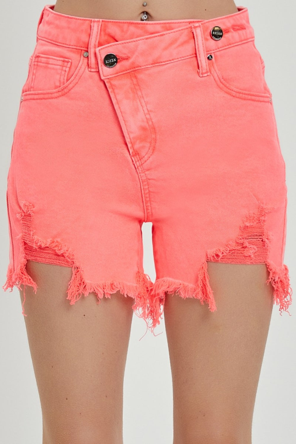 RISEN Raw Hem Asymmetrical Waist Denim Shorts-Angel Casuals