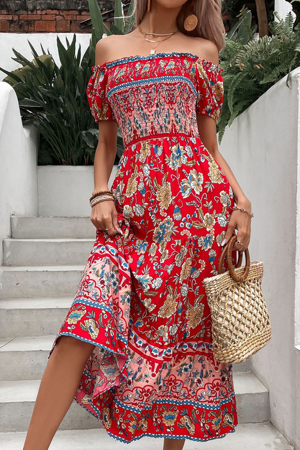 Floral Off-Shoulder Smocked Midi Dress-Angel Casuals