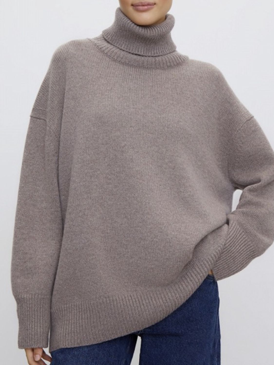 Ribbed Detail Turtleneck Dropped Shoulder Sweater-Angel Casuals