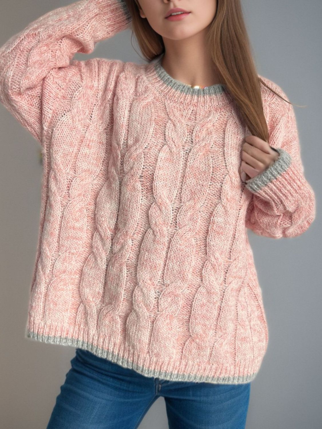 Cable Knit Round Neck Long Sleeve Sweater-Angel Casuals