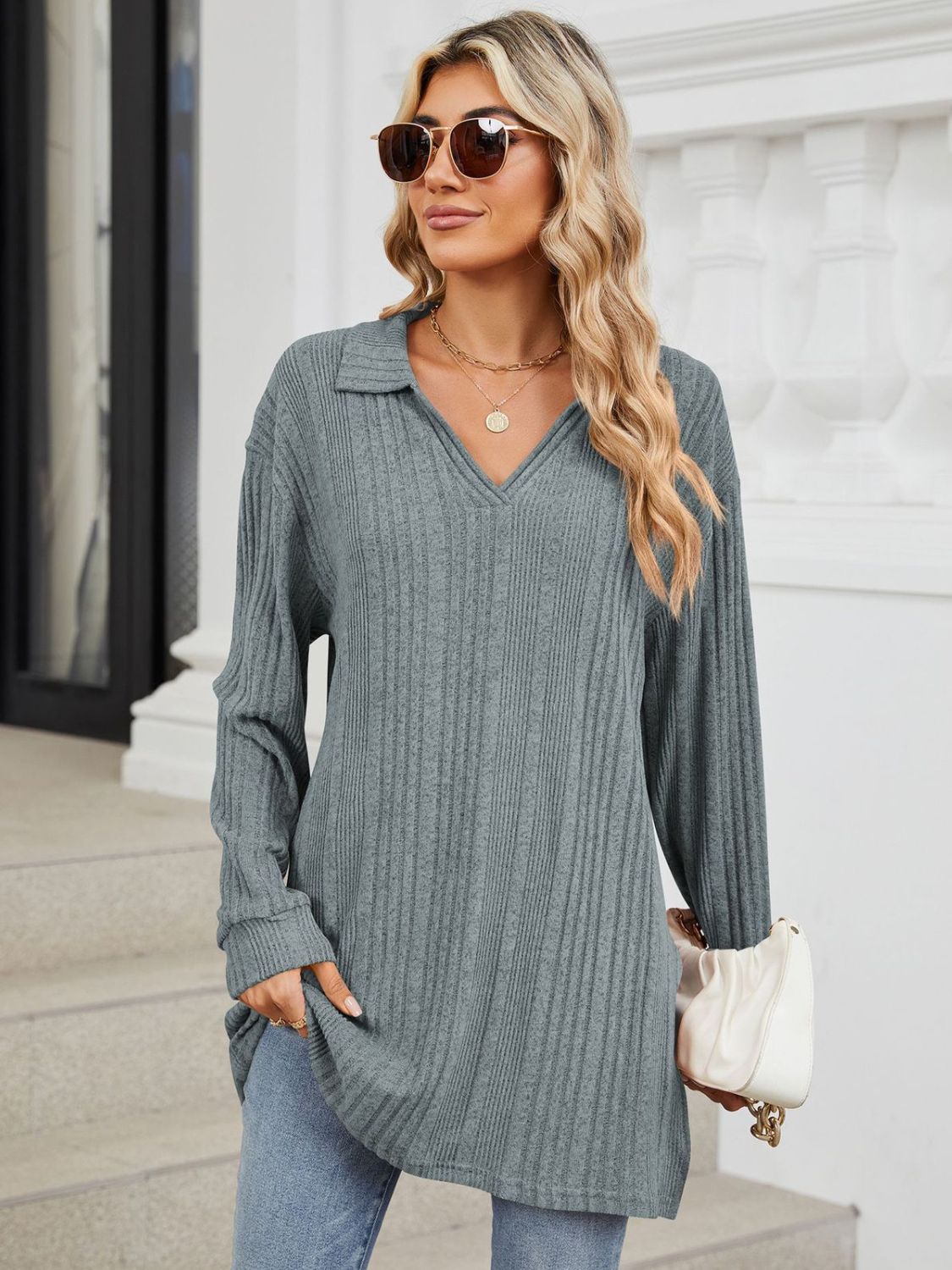 Slit Johnny Collar Long Sleeve T-Shirt-Angel Casuals