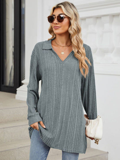 Slit Johnny Collar Long Sleeve T-Shirt-Angel Casuals