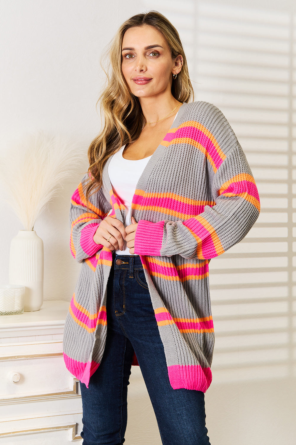 Woven Right Ribbed Long Sleeve Cardigan-Angel Casuals