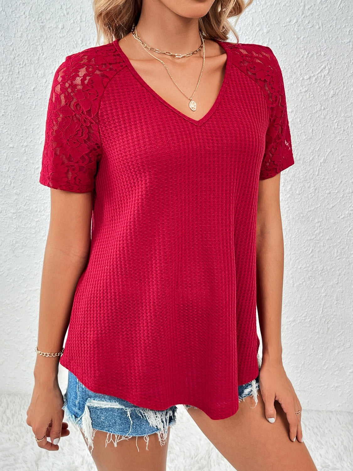 Lace Detail V-Neck Short Sleeve T-Shirt-Angel Casuals