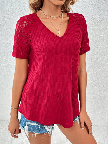 Lace Detail V-Neck Short Sleeve T-Shirt-Angel Casuals