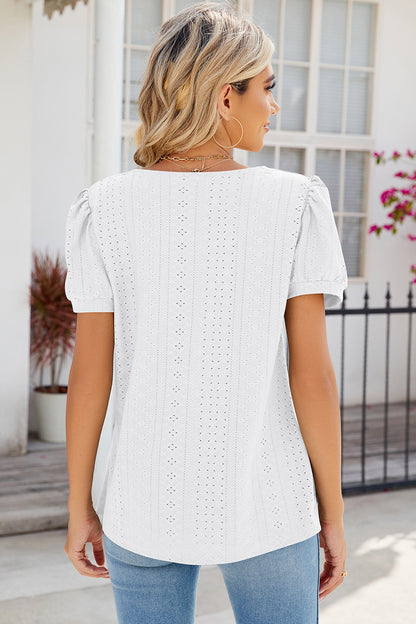 Eyelet Puff Sleeve T-Shirt-Angel Casuals