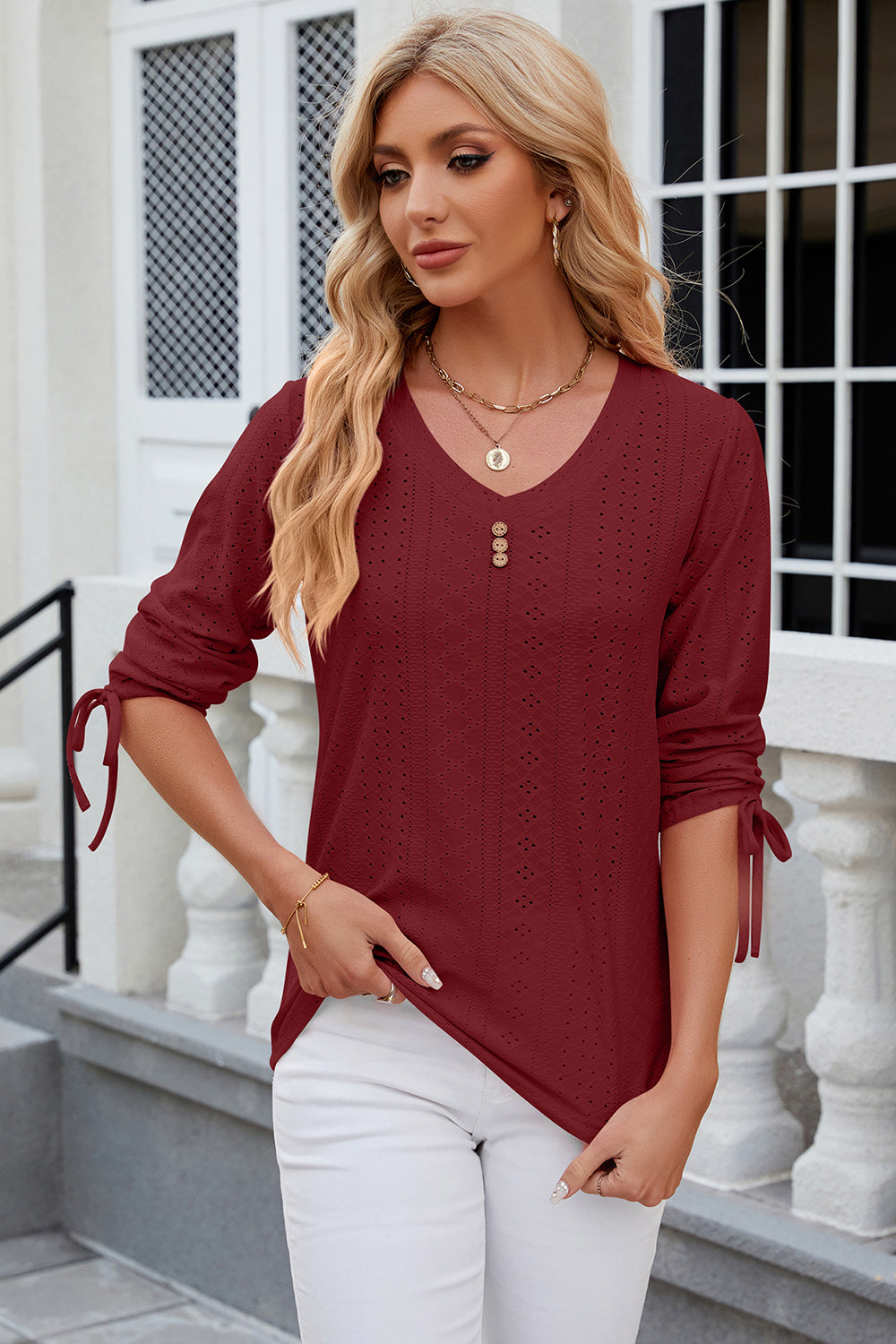 Eyelet Drawstring V-Neck Half Sleeve T-Shirt-Angel Casuals