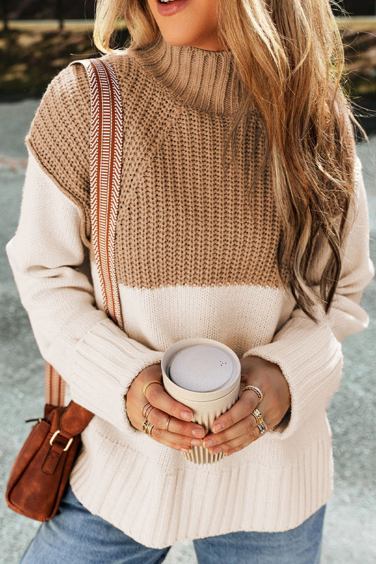 Slit Color Block Turtleneck Long Sleeve Sweater-Angel Casuals