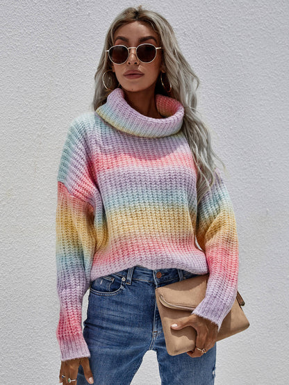 Rainbow Rib-Knit Turtleneck Drop Shoulder Sweater-Angel Casuals