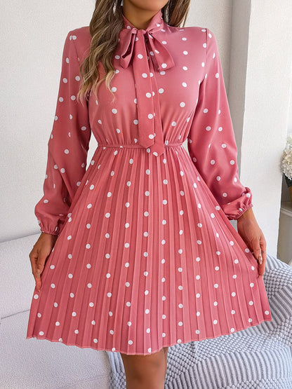 Polka Dot Tie Neck Pleated Dress-Angel Casuals