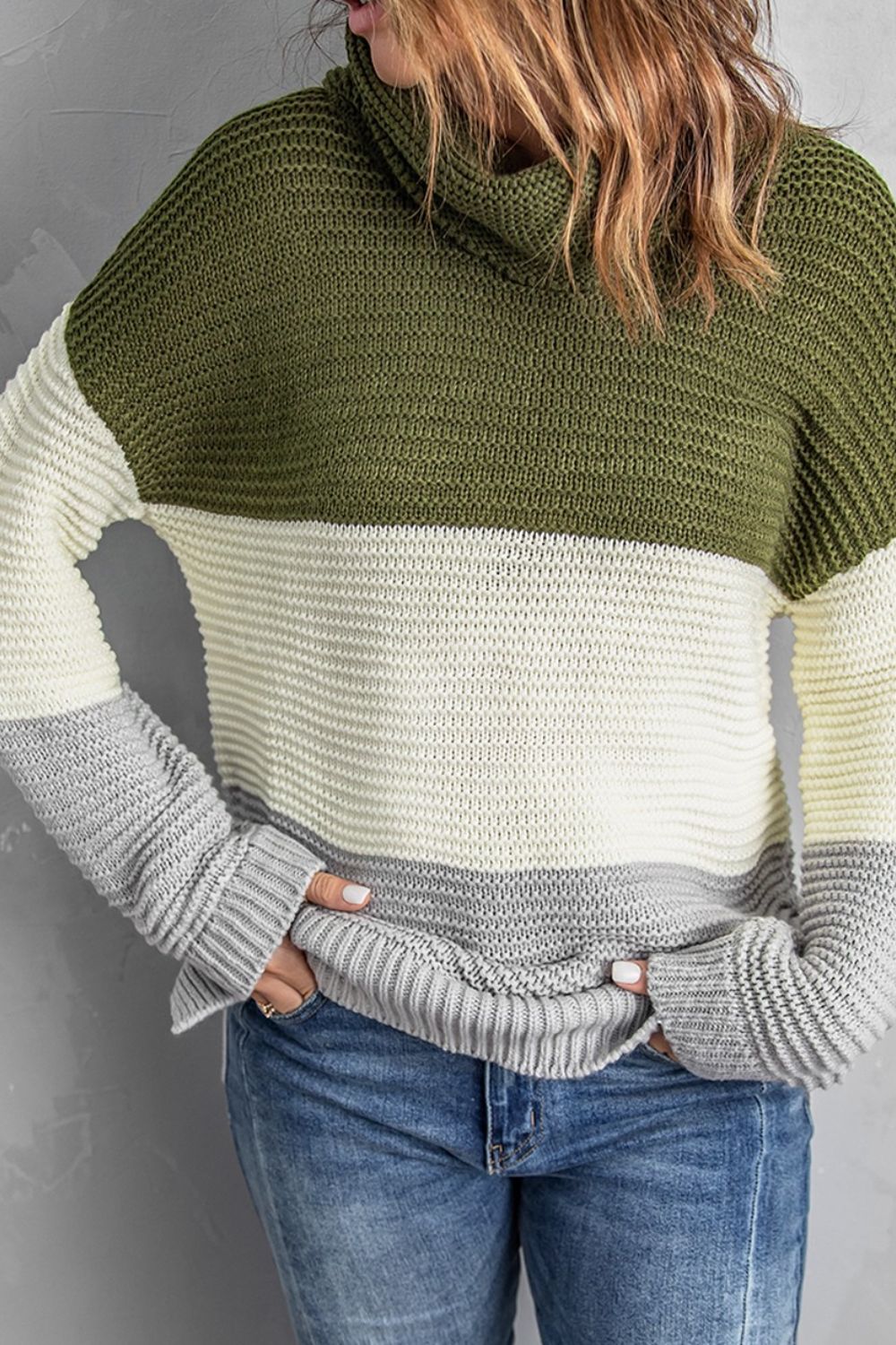 Color Block Turtleneck Long Sleeve Sweater-Angel Casuals