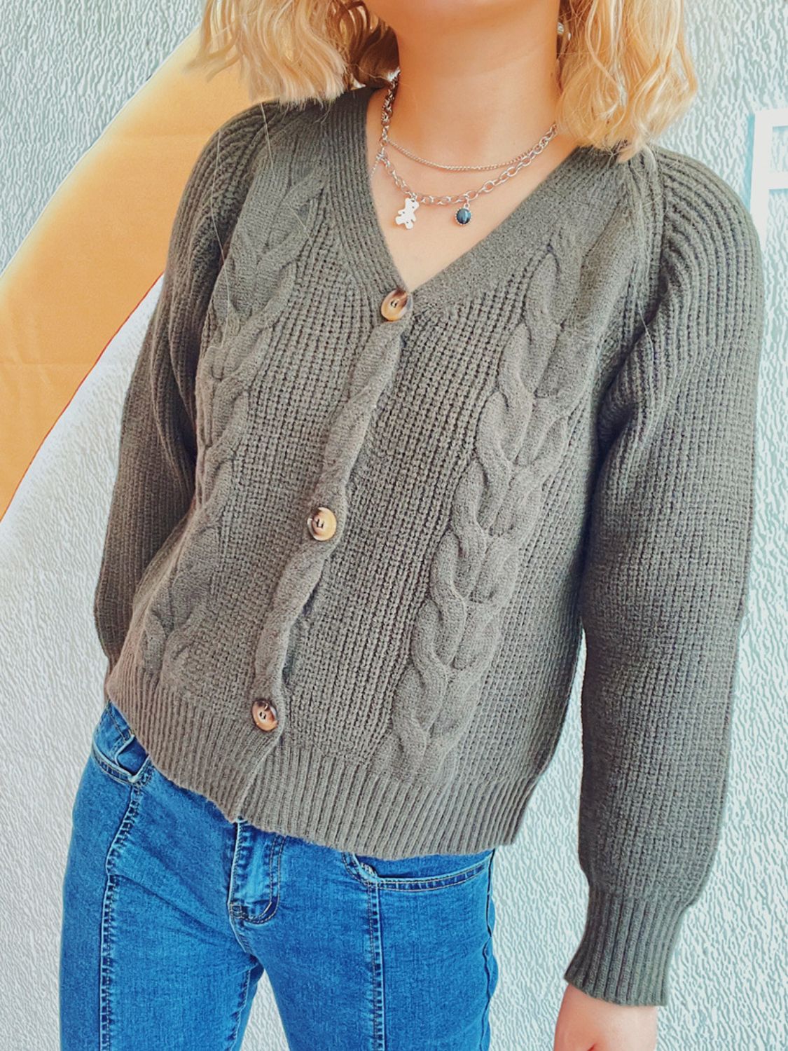 Cable-Knit V-Neck Button Down Long Sleeve Cardigan-Angel Casuals
