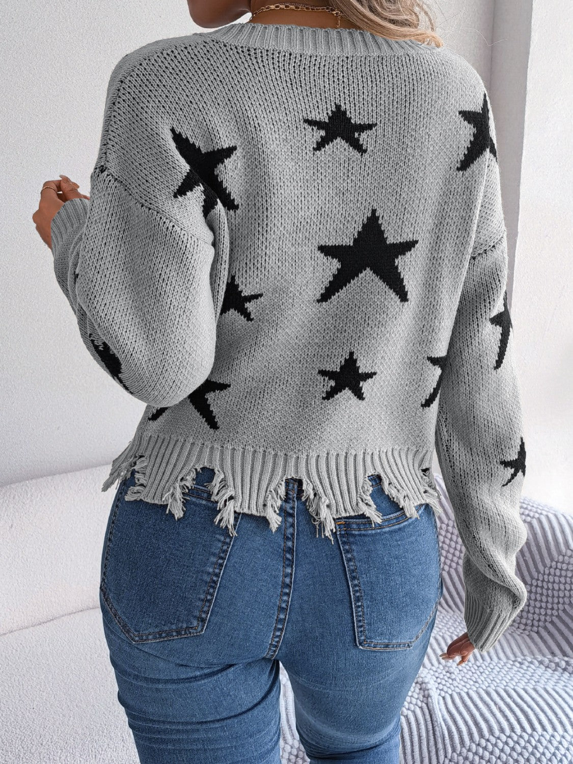 Star Pattern Distressed V-Neck Cropped Sweater-Angel Casuals