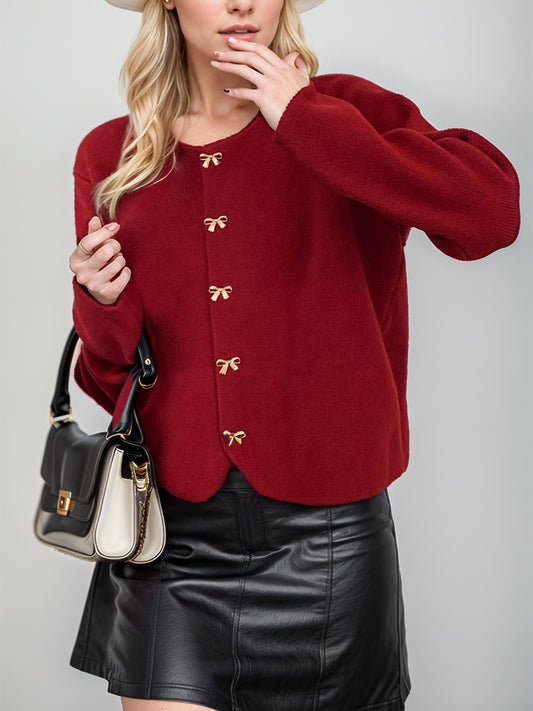 Bow Button Down Round Neck Long Sleeve Cardigan-Angel Casuals