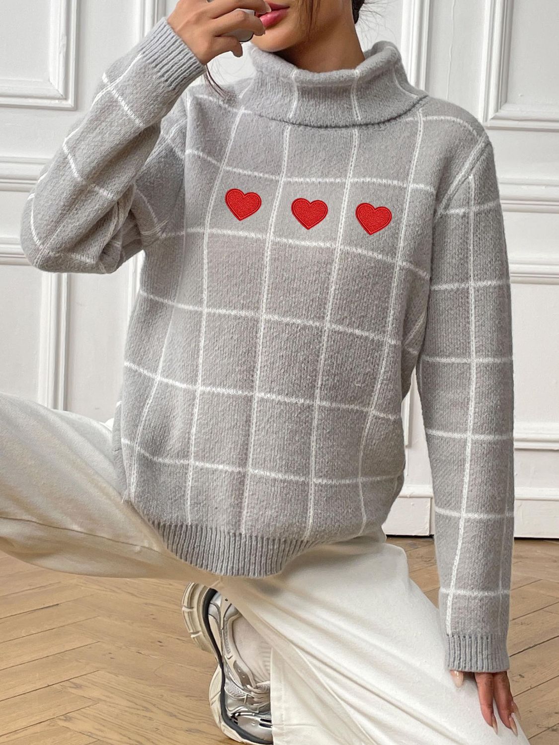 Heart Plaid Turtleneck Long Sleeve Sweater-Angel Casuals