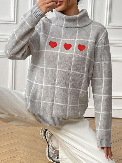 Heart Plaid Turtleneck Long Sleeve Sweater-Angel Casuals