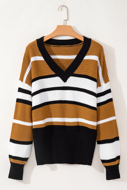 Contrast Stripes V Neck Long Sleeve Sweater-Angel Casuals