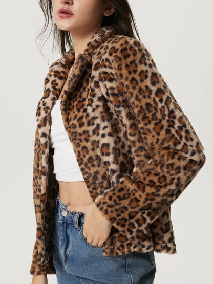 Fuzzy Leopard Collared Neck Jacket-Angel Casuals