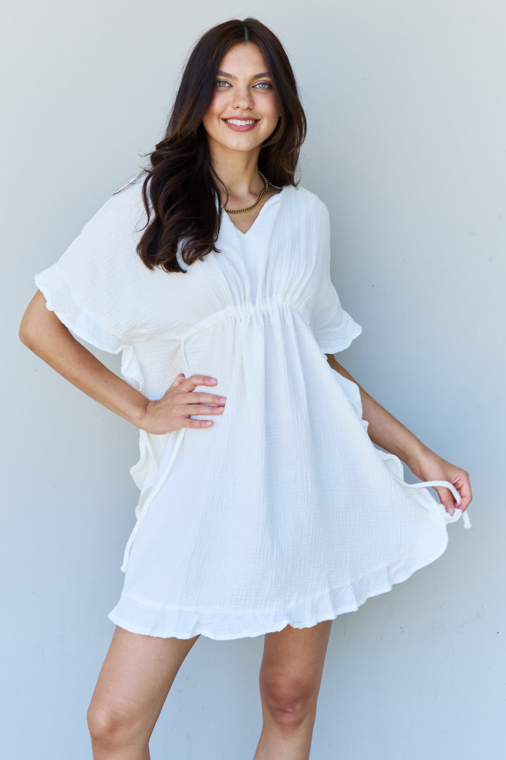 Ninexis Out Of Time Full Size Ruffle Hem Dress with Drawstring Waistband in White-Angel Casuals