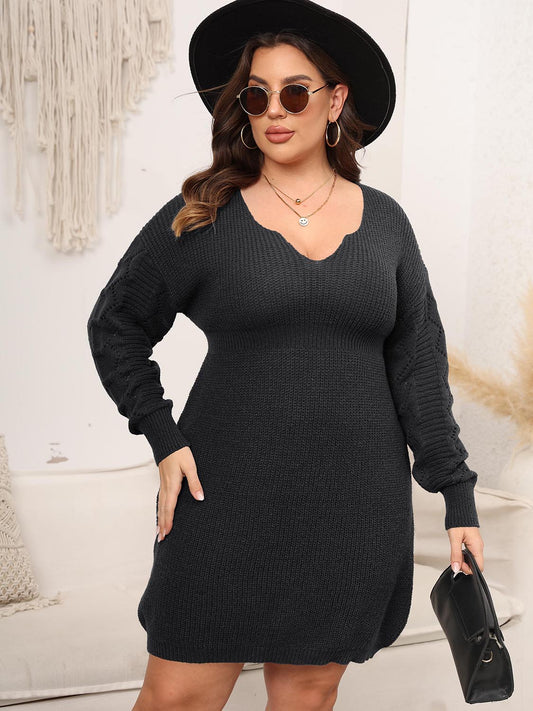 Plus Size Dropped Shoulder Long Sleeve Knit Mini Dress-Angel Casuals
