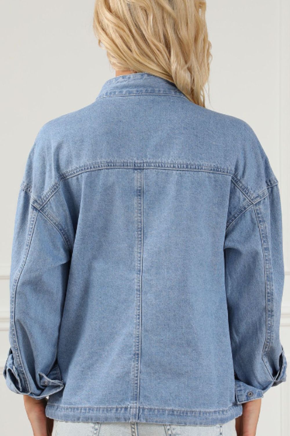 Drawstring Snap Down Denim Jacket with Chest Pockets-Angel Casuals