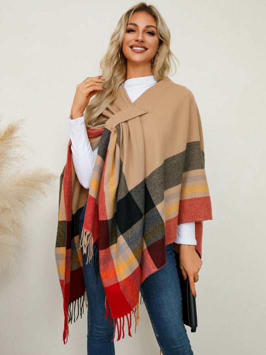 Fringe Contrast Plaid Poncho-Angel Casuals