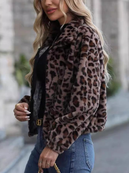 Leopard Collared Neck Zip Up Jacket-Angel Casuals