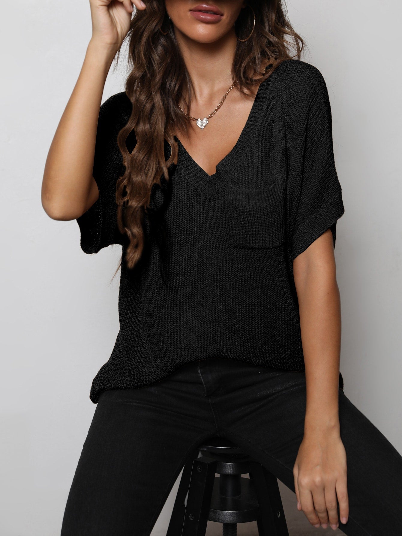 V-Neck Slit High-Low Knit Top-Angel Casuals