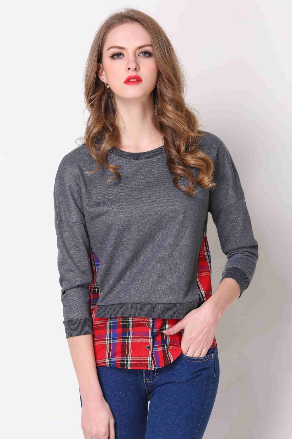 Full Size Plaid Patch Drop Shoulder Round Neck Top-Angel Casuals